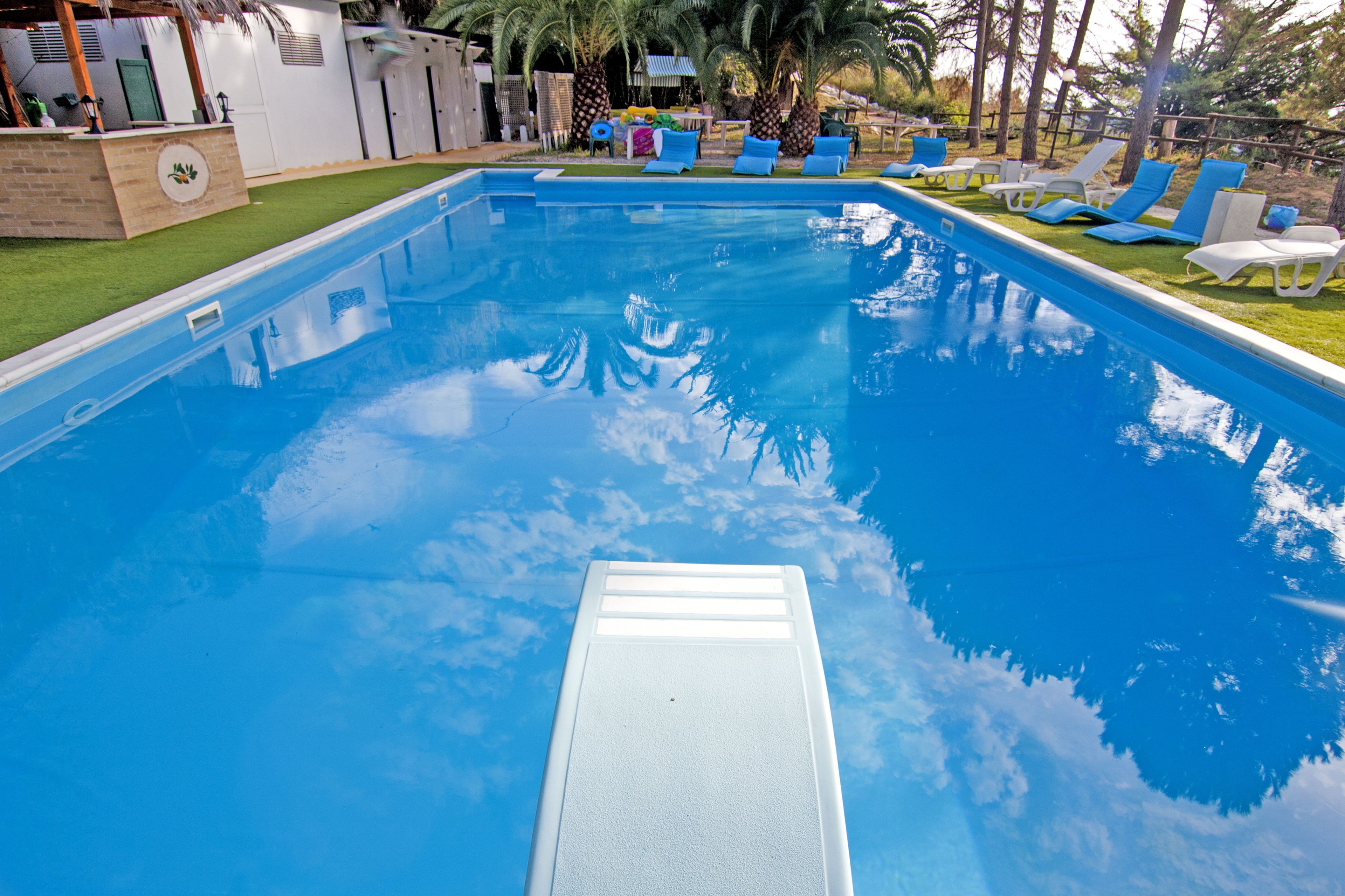 A clear blue swimming pool with a diving board, surrounded by lounge chairs and palm trees.