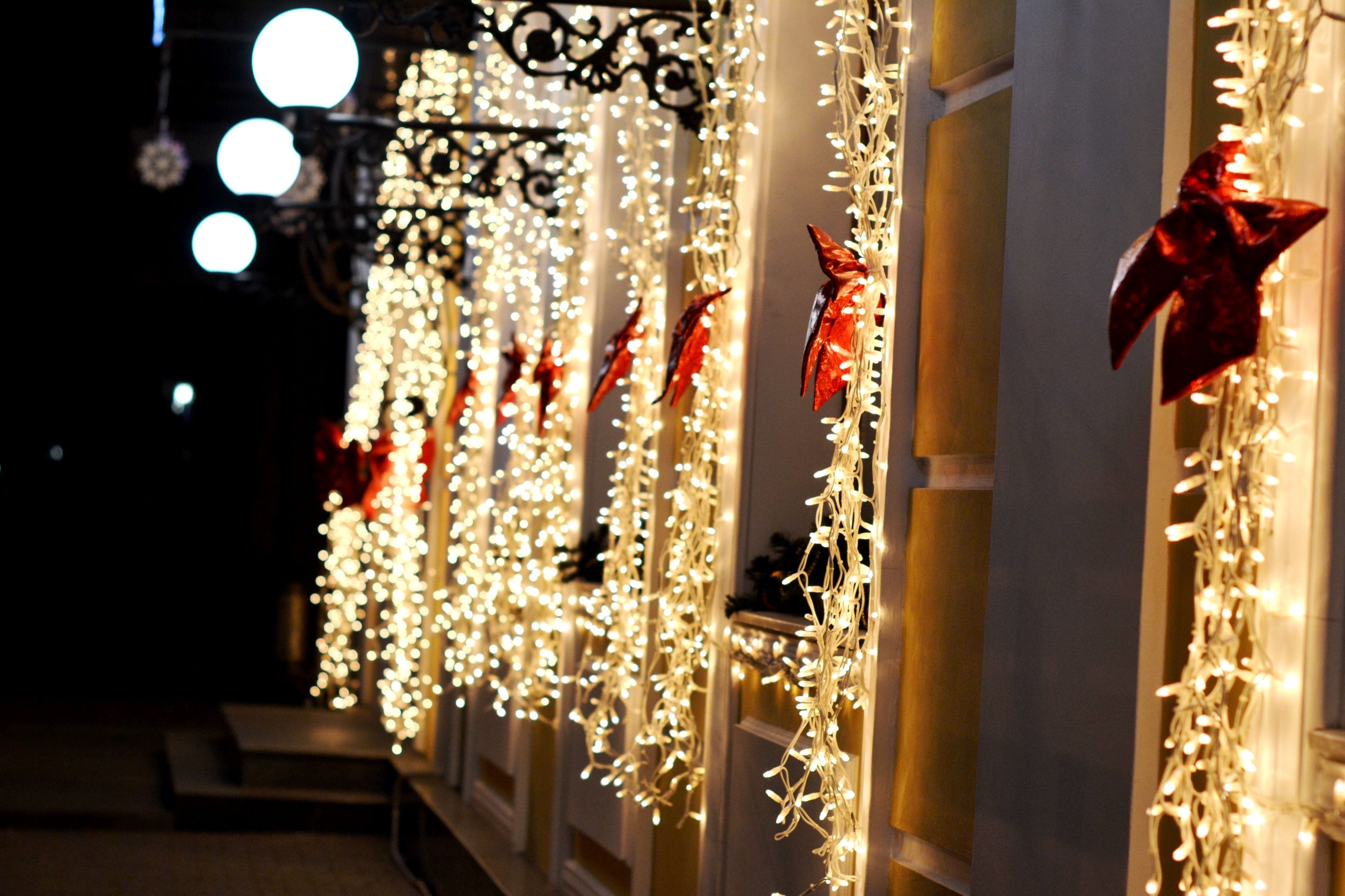 A row of windows with string lights and red bows.