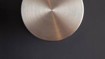 A metallic door knob and a circular handle on a door.