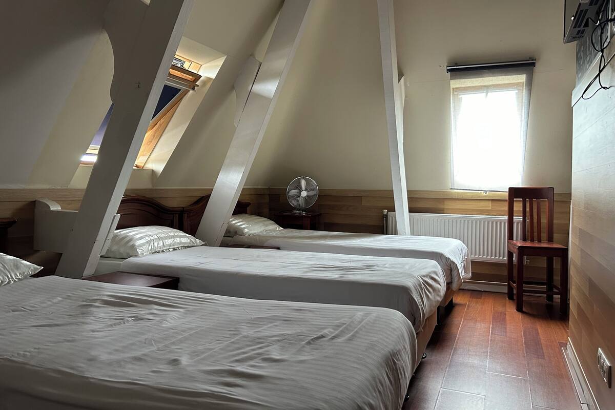 A room with two beds, a standing fan, a window, and a radiator.