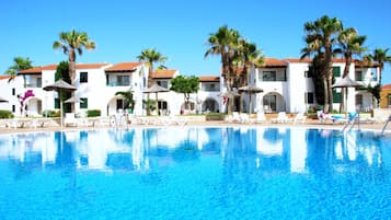 Seasonal outdoor pool, pool umbrellas, pool loungers