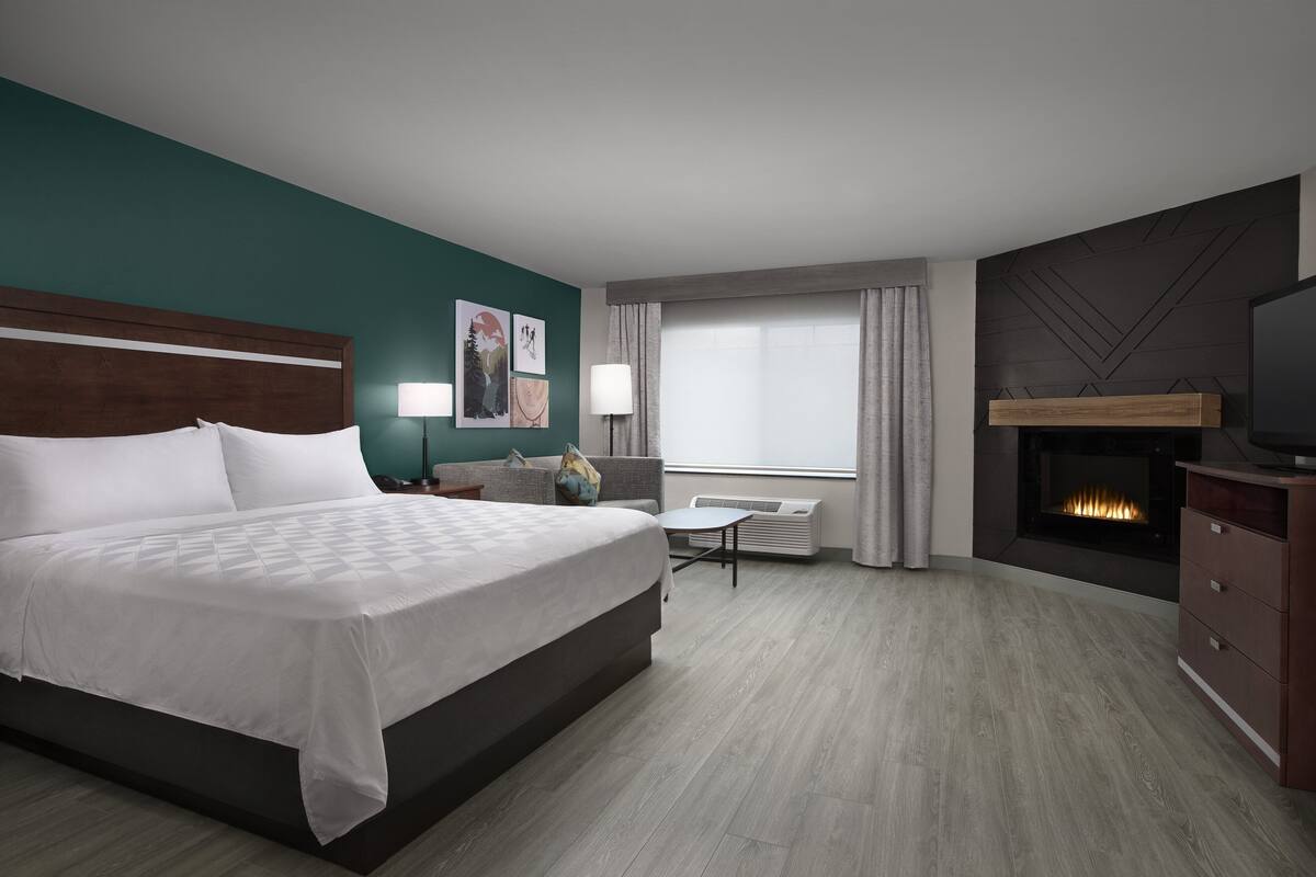 Una habitación de hotel con una cama grande, un escritorio, una chimenea y un televisor.