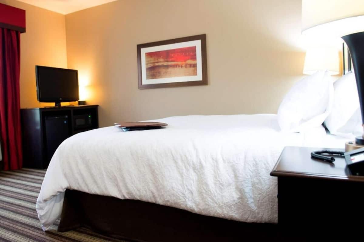 A hotel room with a bed, a television, a desk with a lamp, and a framed picture on the wall.