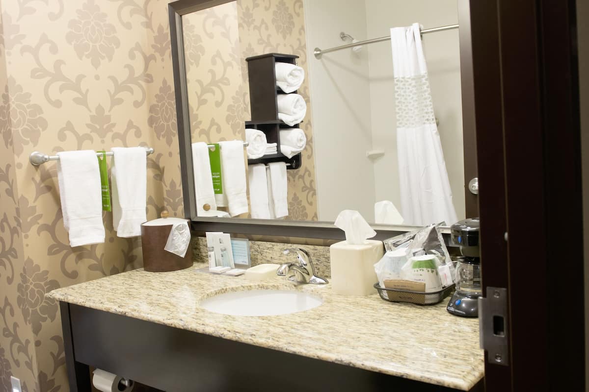 A bathroom with a sink, mirror, towel rack, and a shower curtain.