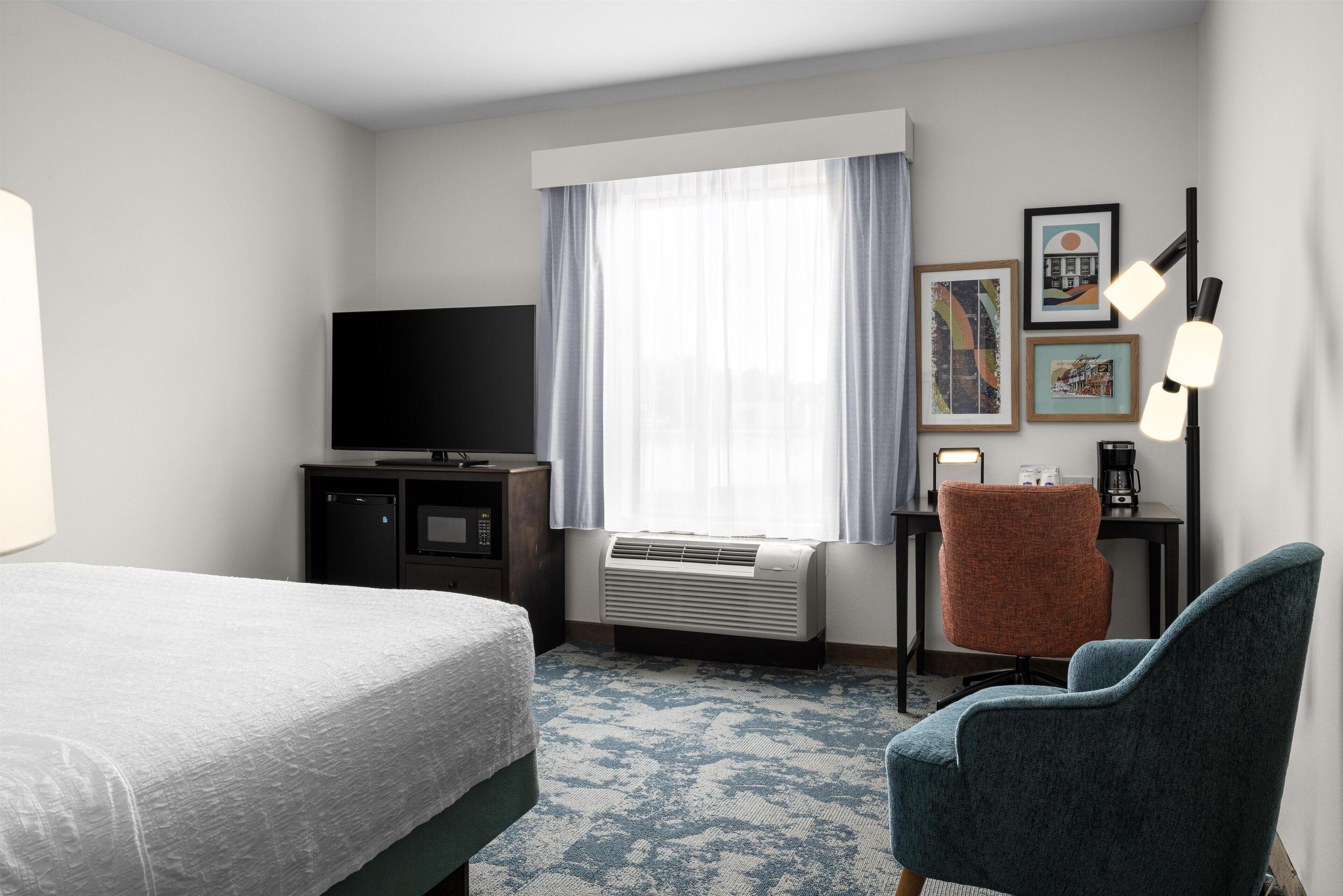 One King Bed | Premium bedding, pillowtop beds, blackout drapes, iron/ironing board