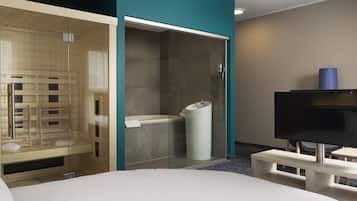 Pillowtop-bedden, een bureau, verduisterende gordijnen