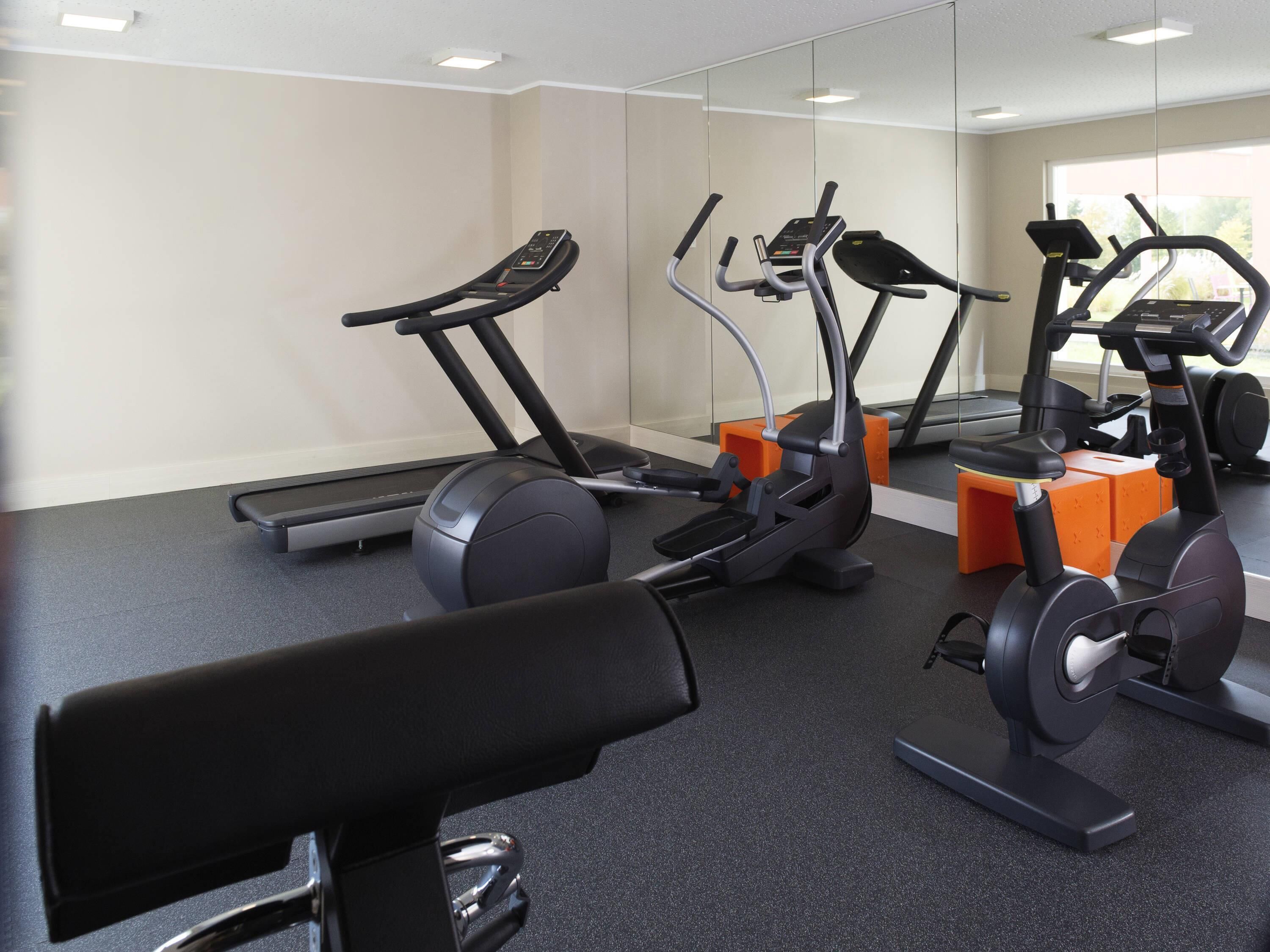 A gym with stationary bikes, treadmills, and a mirrored wall.