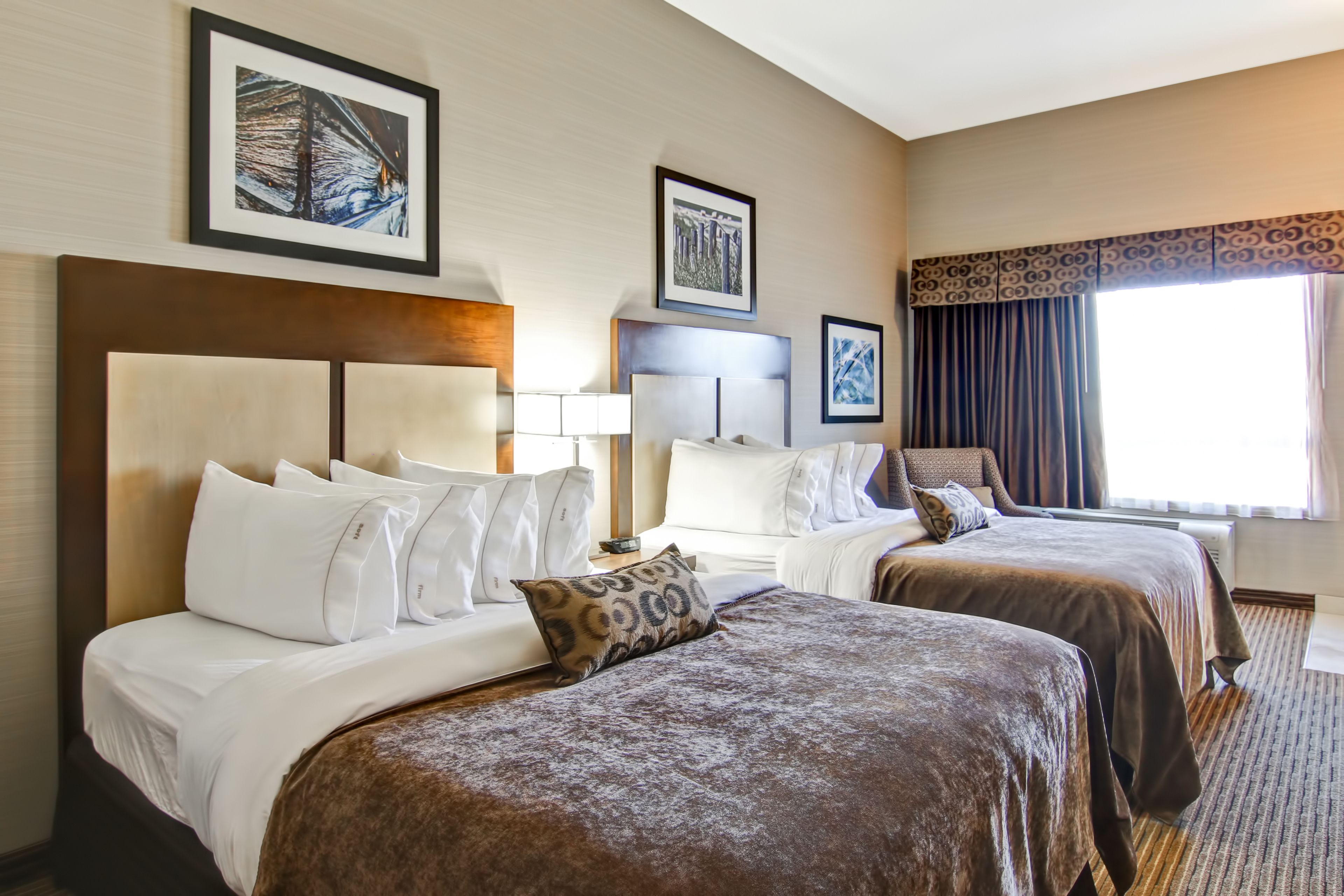 hypo-allergenic bedding, desk, laptop workspace, blackout curtains