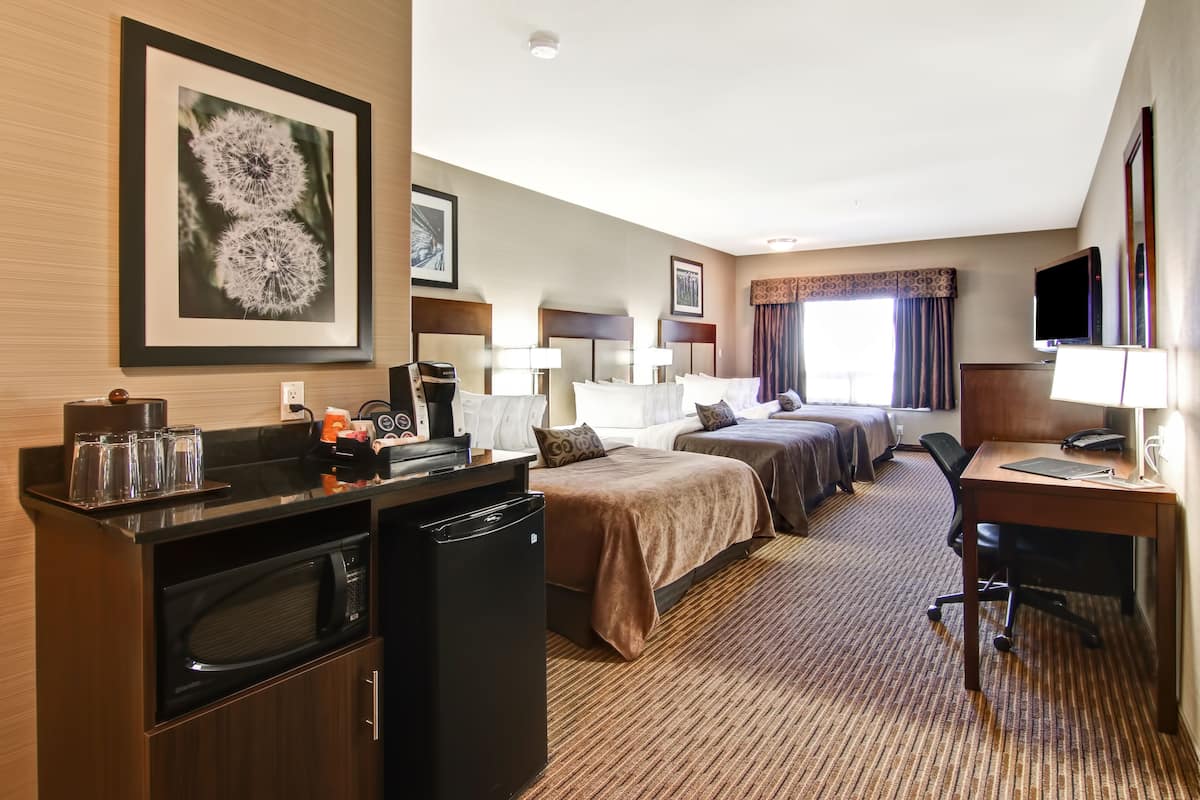 hypo-allergenic bedding, desk, laptop workspace, blackout curtains