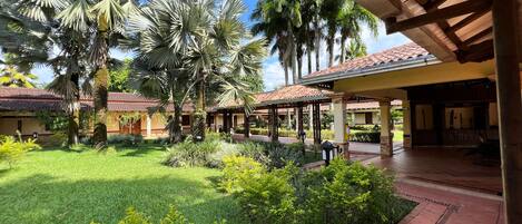 Un patio con palmeras, un espacio de estar techado y un edificio con tejado de baldosas.