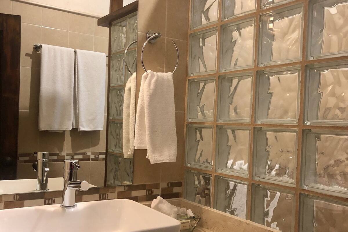 Bathtub, free toiletries, hair dryer, towels