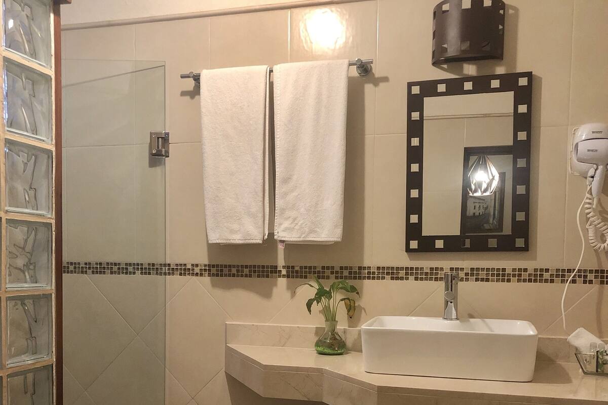 Bathtub, free toiletries, hair dryer, towels