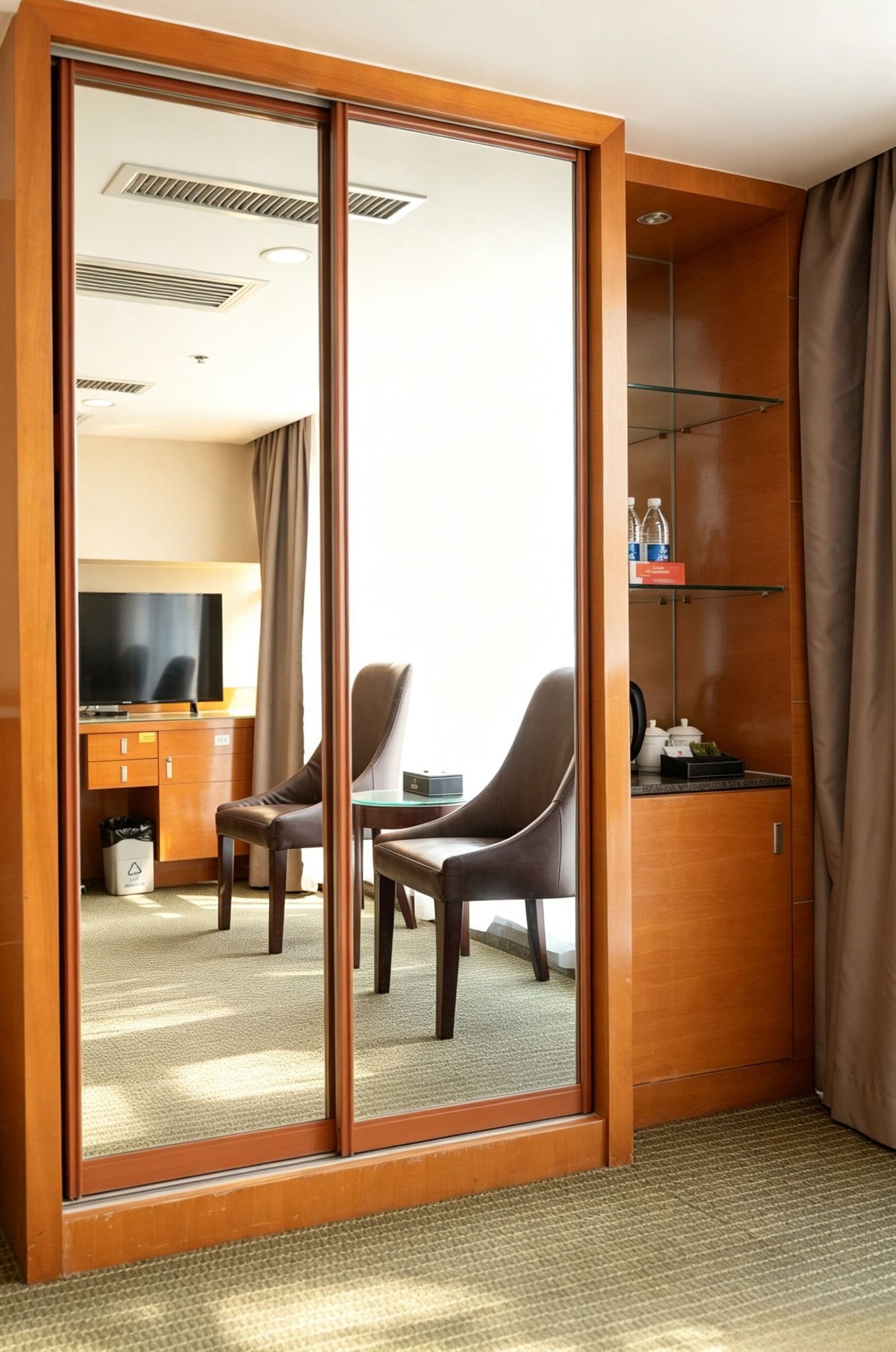A hotel room with a sliding door closet, a desk with a chair, a television, and a small shelf with toiletries.