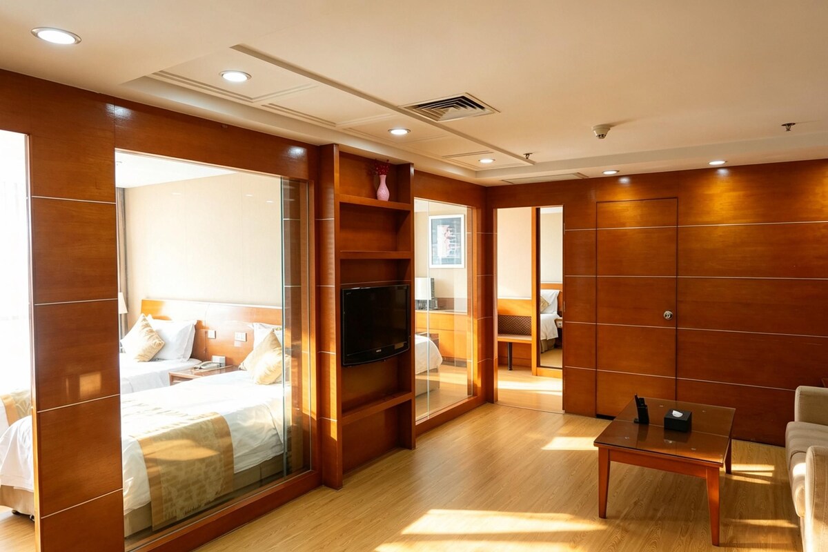 Ein Hotelzimmer mit Bett, Fernseher, Schreibtisch und Stuhl.