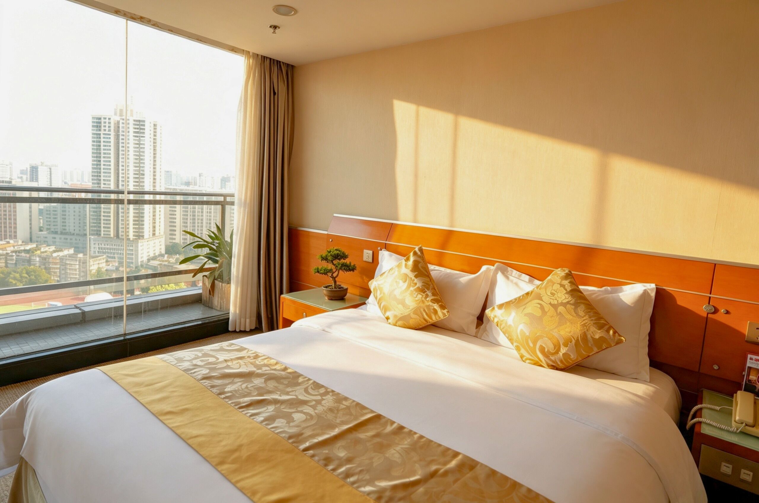 A hotel room with a large bed, a nightstand, a potted plant, and a view of the cityscape.