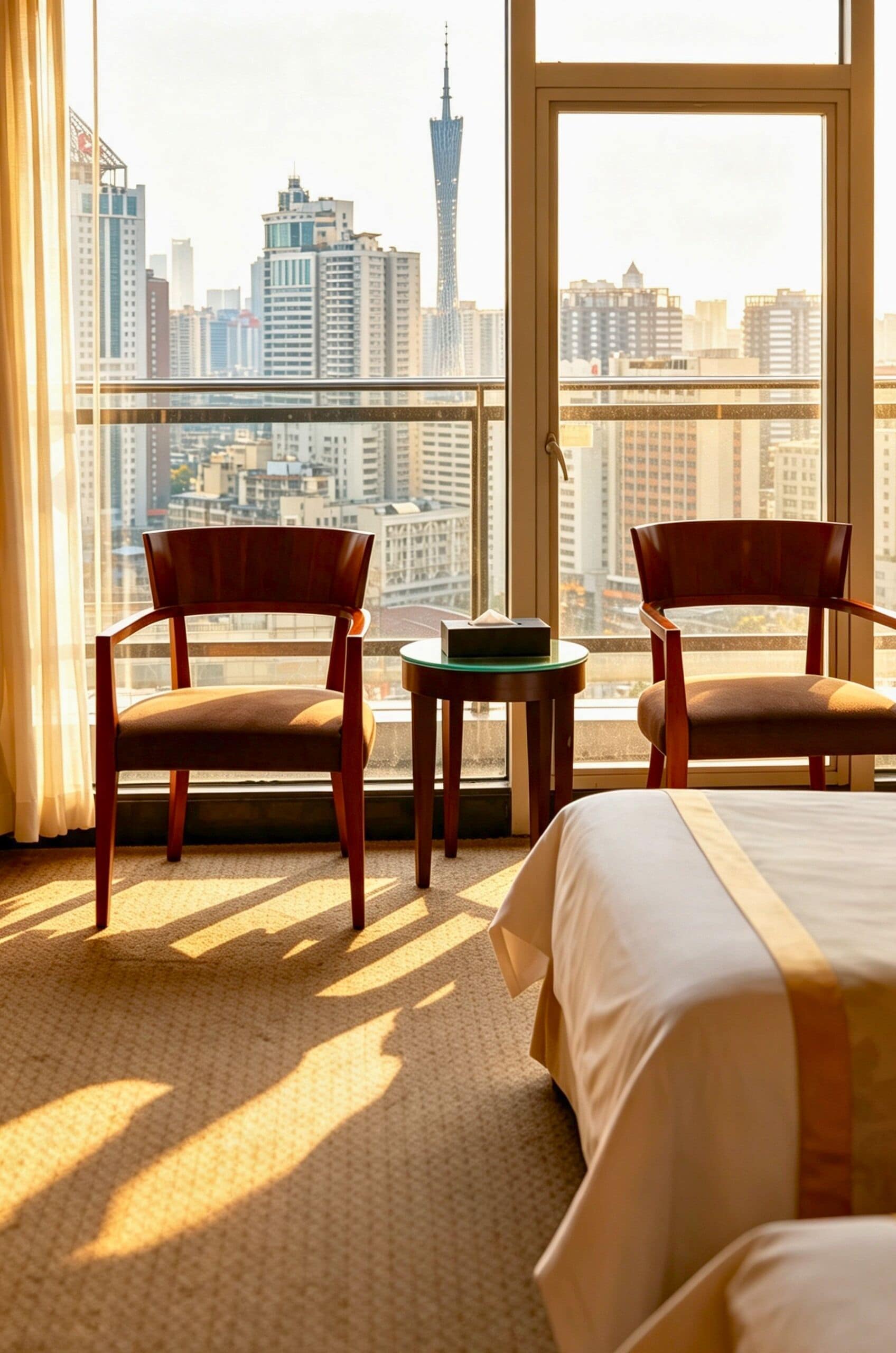 Ein Hotelzimmer mit großem Fenster, zwei Holzstühlen, einem kleinen Tisch und einem Bett.