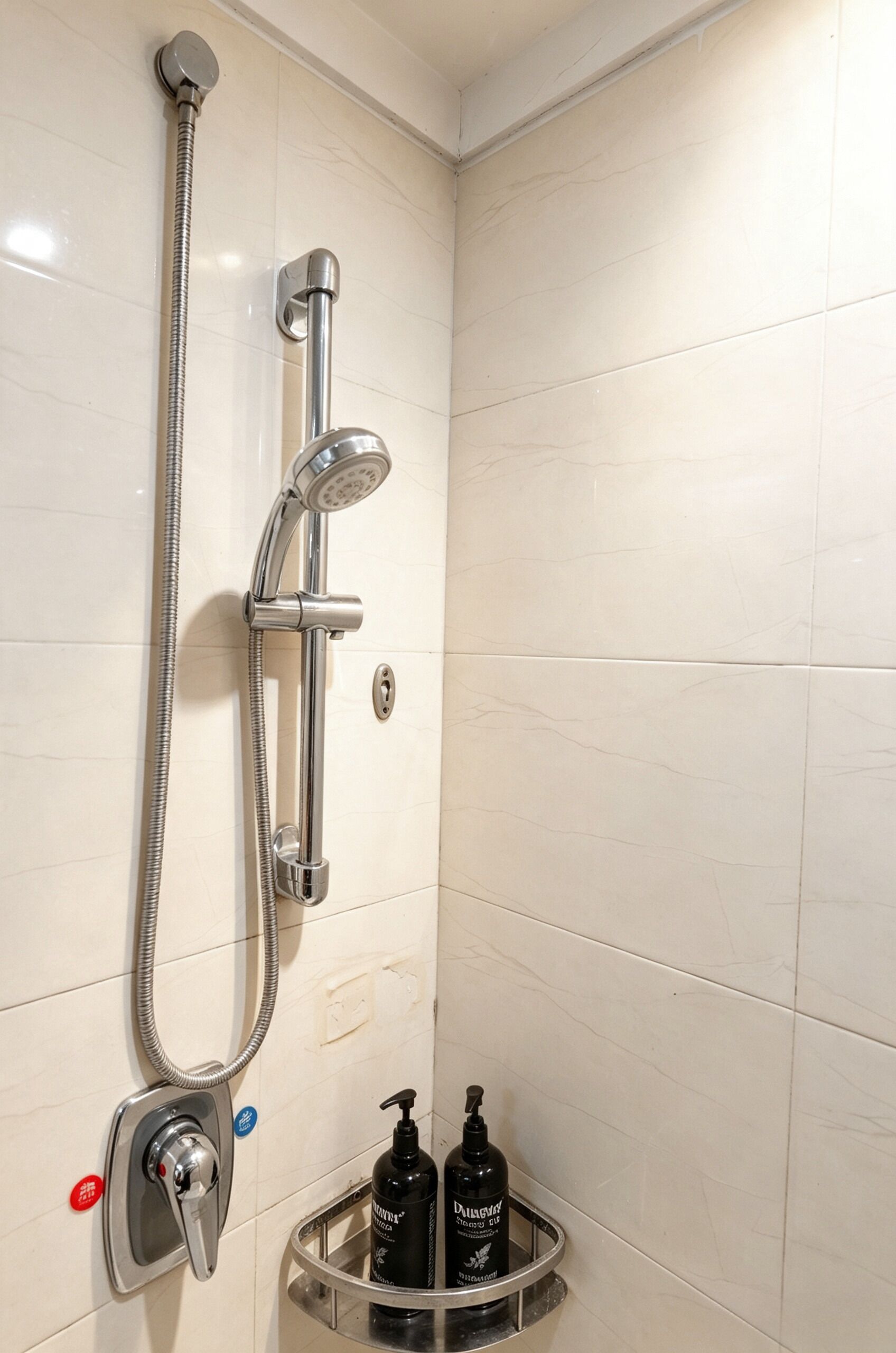 Douche met handdouche en bediening aan de muur.