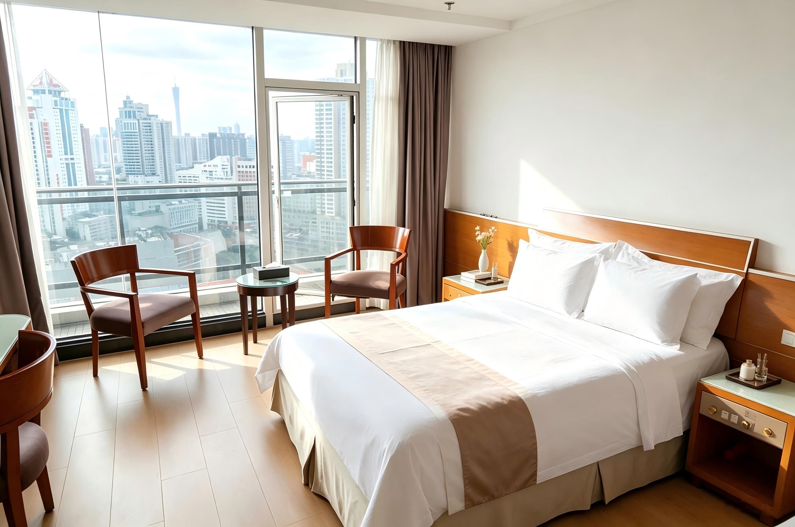 A hotel room with a large bed, two chairs, a small table, and a nightstand.