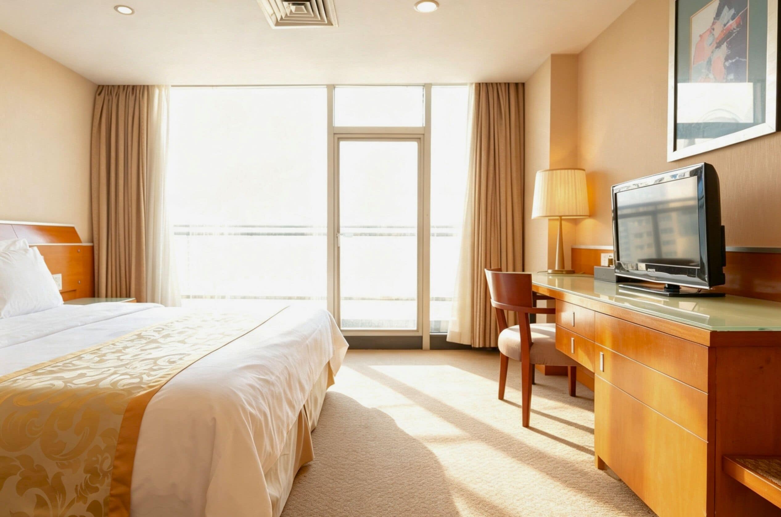 Una habitación de hotel con una cama, un escritorio con televisor, una silla y un amplio ventanal con cortinas.