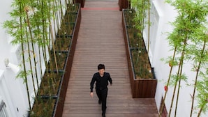 A person walking down a wooden corridor flanked by vertical gardens.