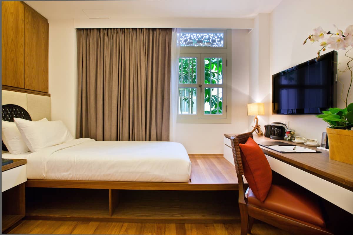 A hotel room with a bed, a desk, a chair, a TV, a window with curtains, and a plant.