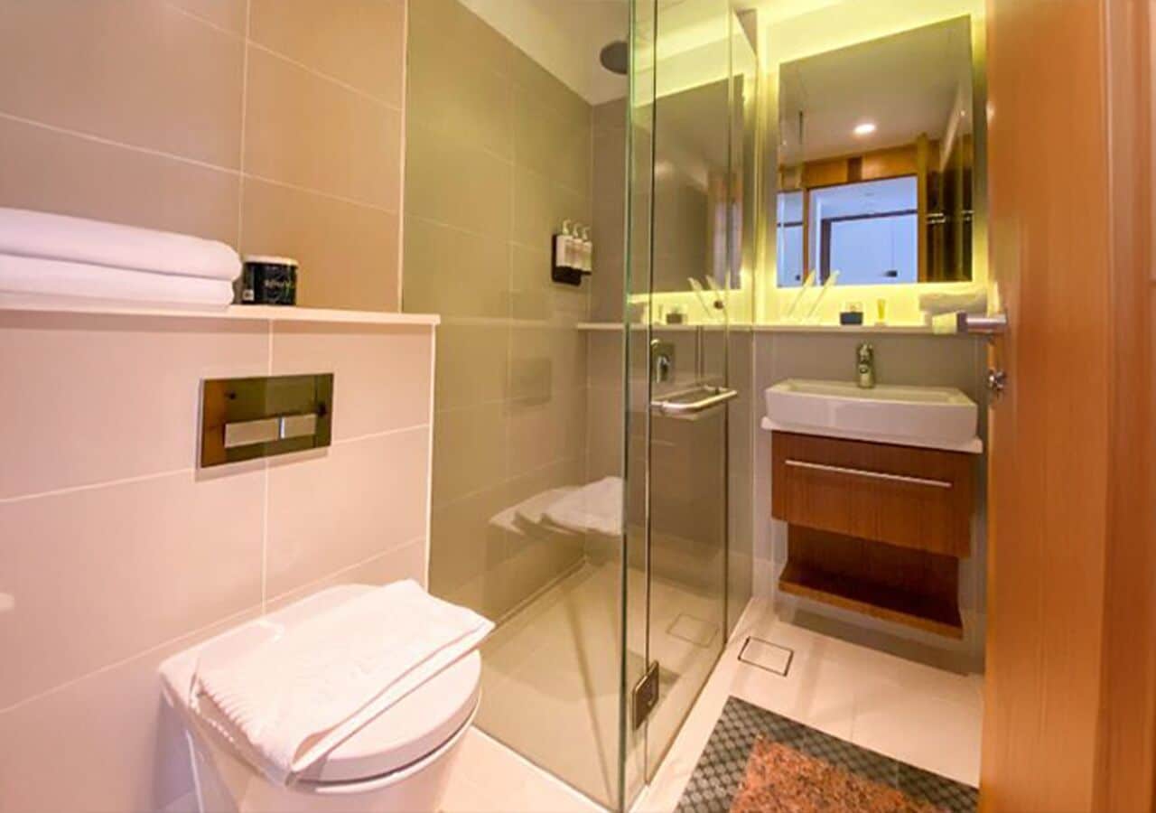 A modern bathroom with a glass-enclosed shower, a toilet, and a vanity with a mirror.
