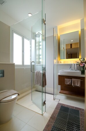 Regadera, regadera tipo lluvia, amenidades de baño de diseñador 