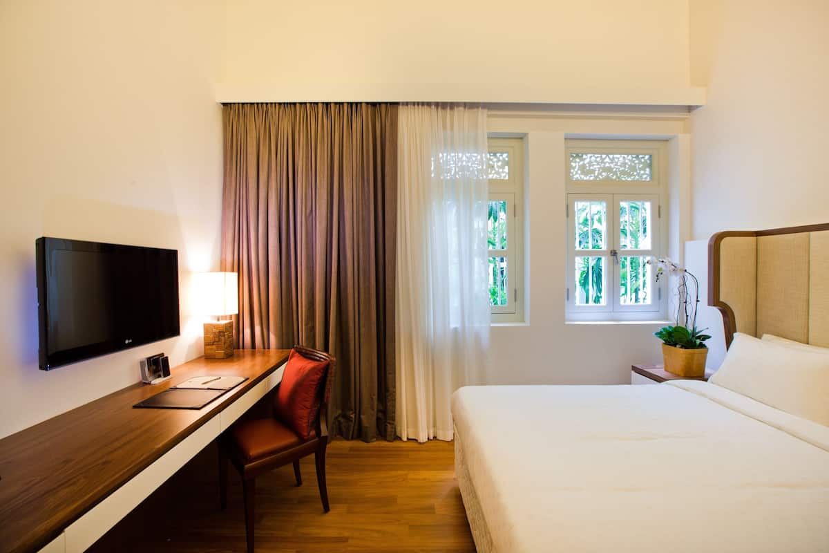 A hotel room with a bed, a desk with a chair, a television, a window with curtains, and a potted plant.