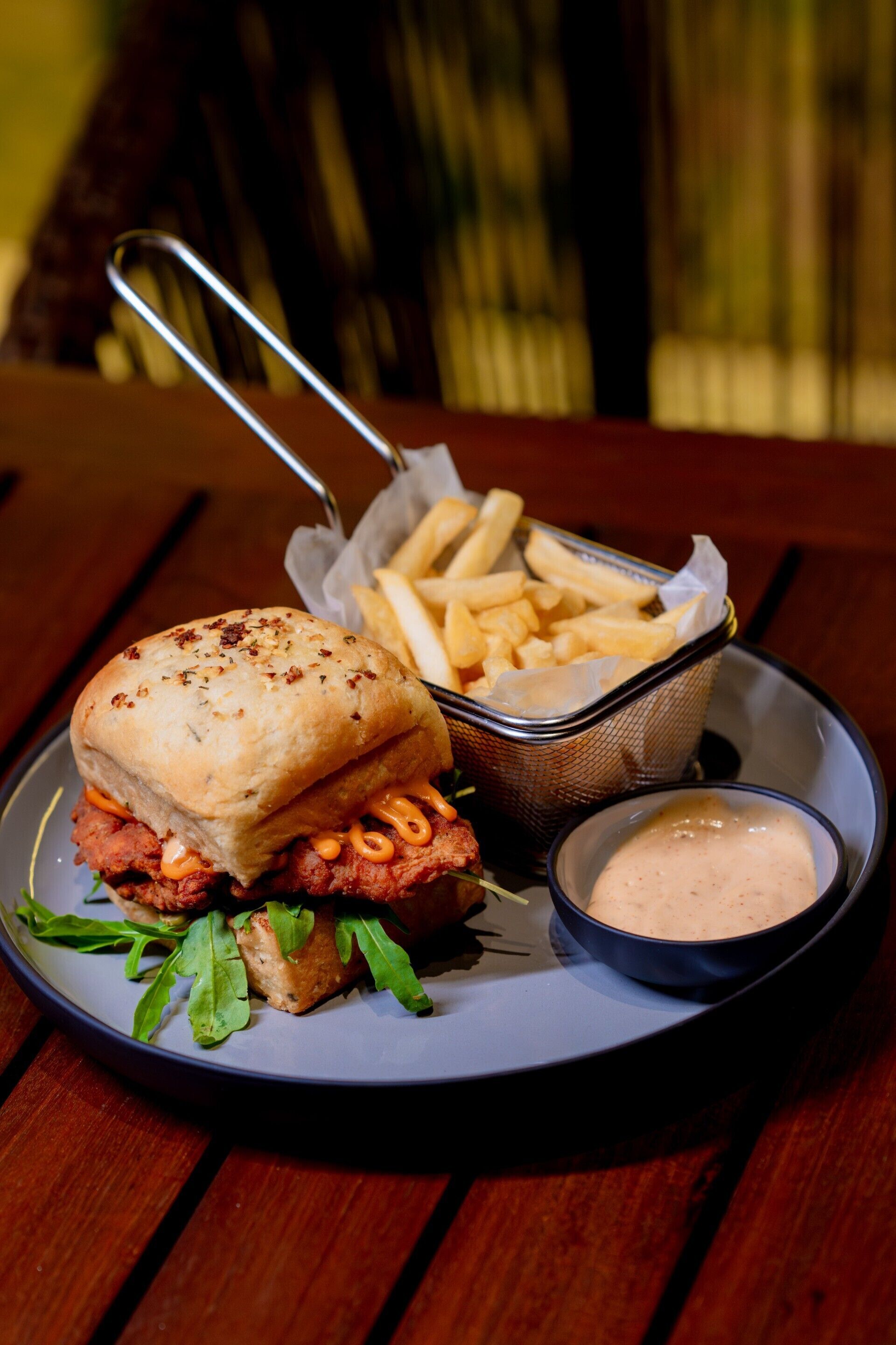 A plate with a chicken sandwich, fries, and a side of sauce.
