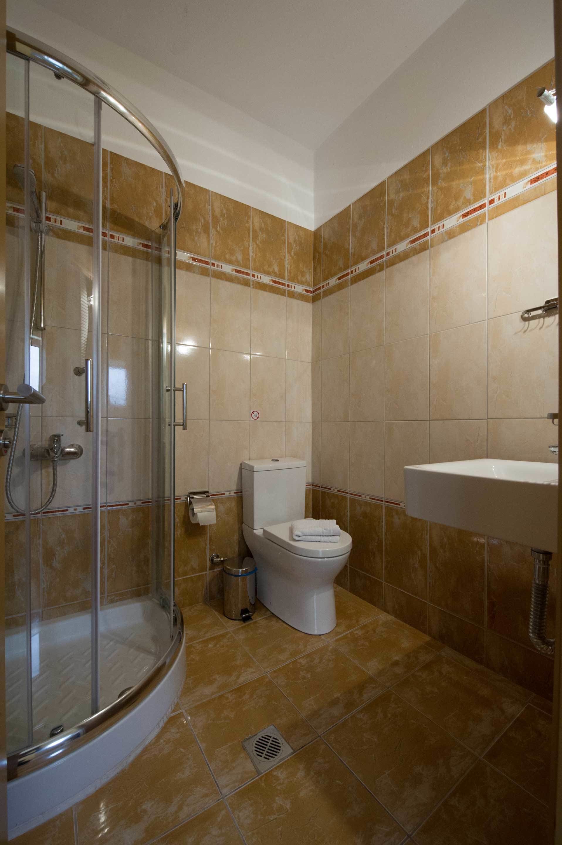 Een badkamer met een douche in een glazen cabine, een toilet en een wastafel.
