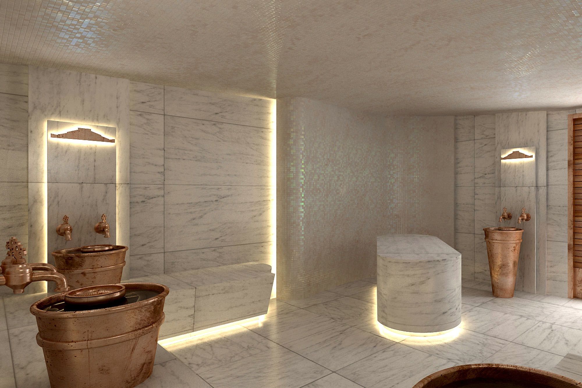 Un baño moderno con paredes de mármol, una columna central y macetas de terracota.