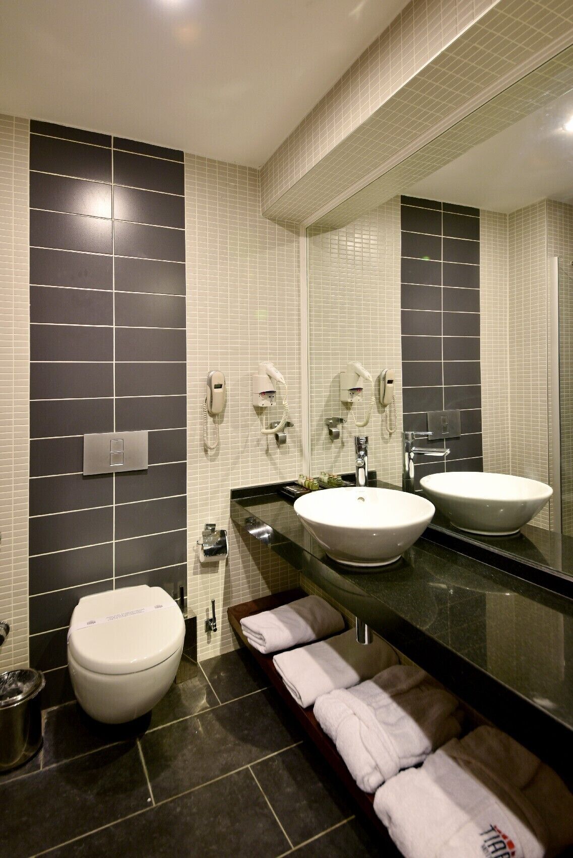 A modern bathroom with two sinks, a toilet, and a large mirror.