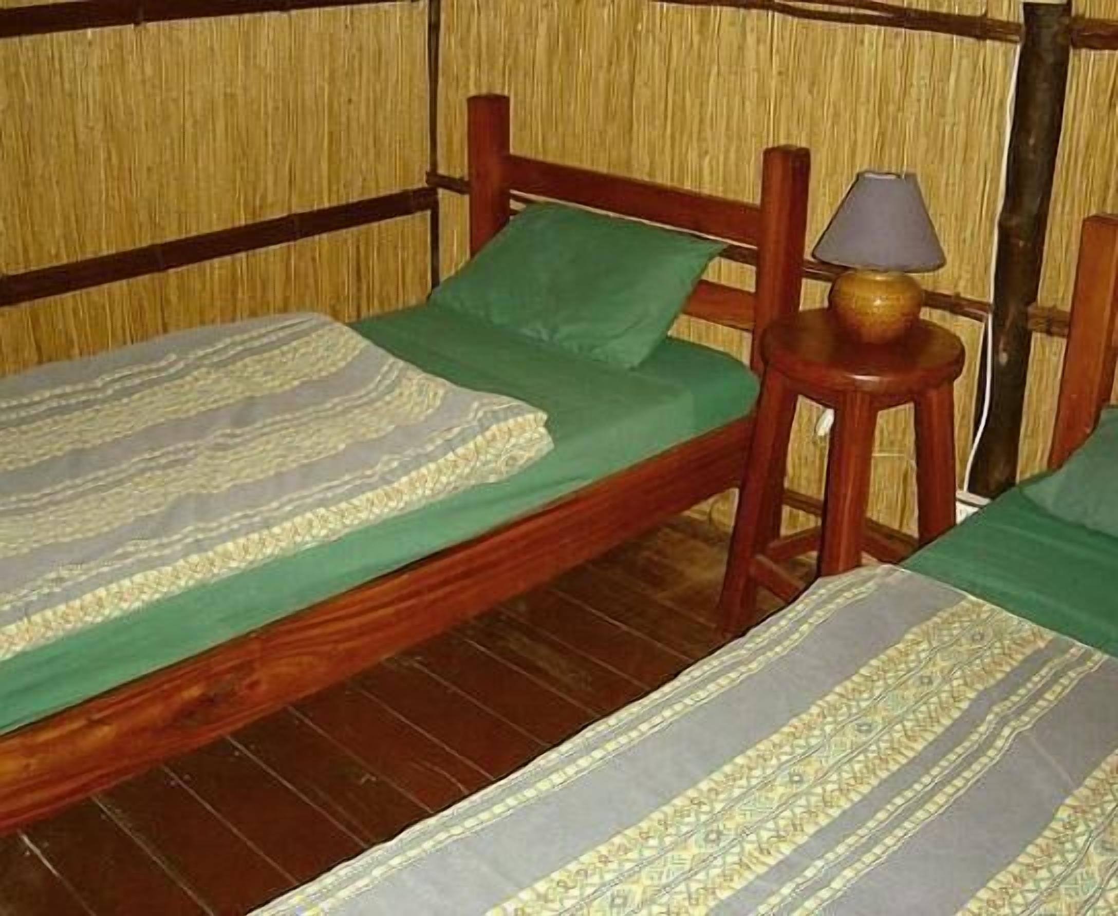 Two wooden beds with green bedding and a small wooden nightstand with a lamp.