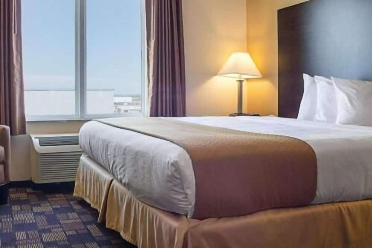 A hotel room with a large bed, a window with curtains, a lamp, and a view of the city.
