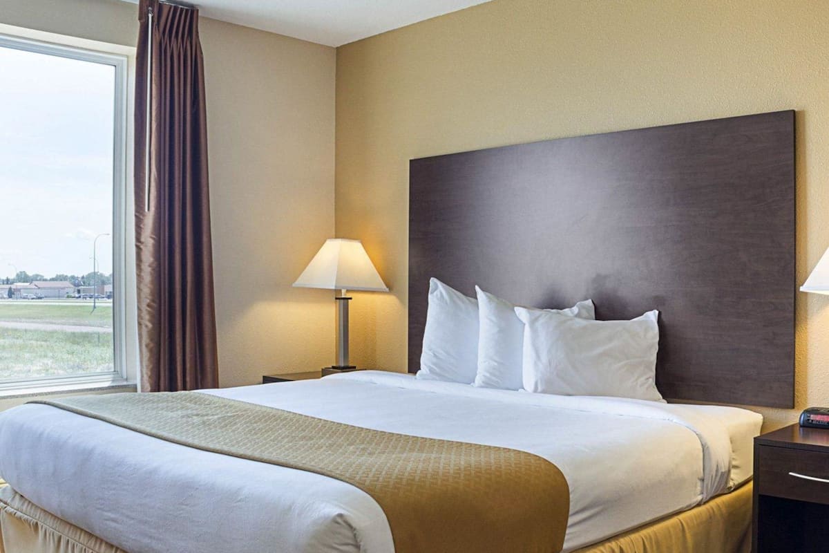 A hotel room with a large bed, two bedside tables, a window with curtains, and a view of the outside.