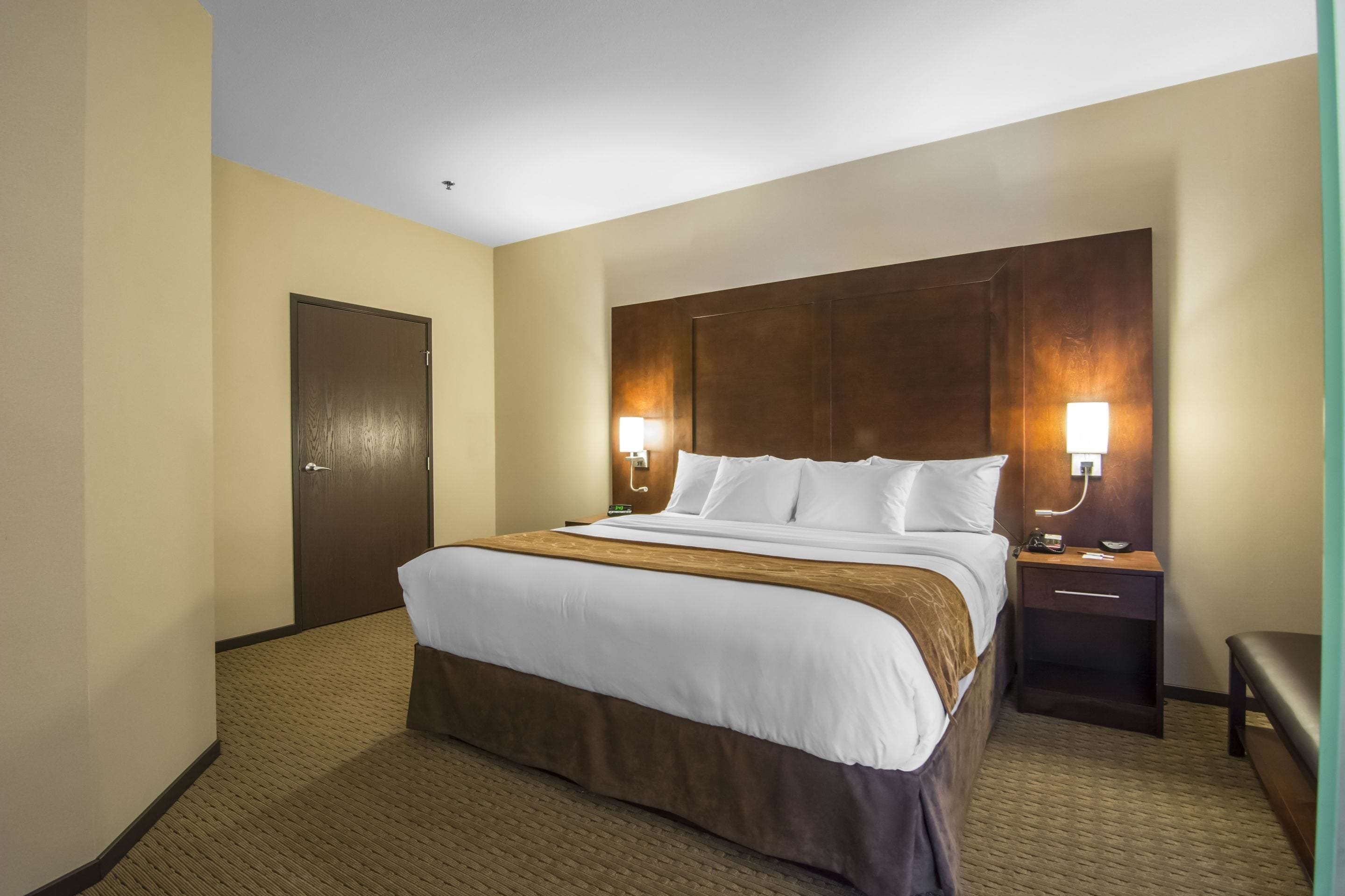 Een hotelkamer met een groot bed, twee nachtkastjes met lampen, een houten hoofdbord en een vloerbedekking.