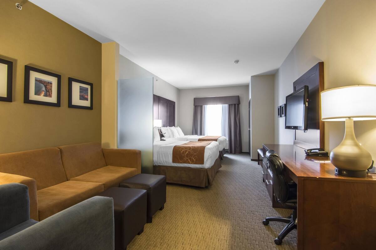 A hotel room with a sofa, a bed, a desk, and a TV.