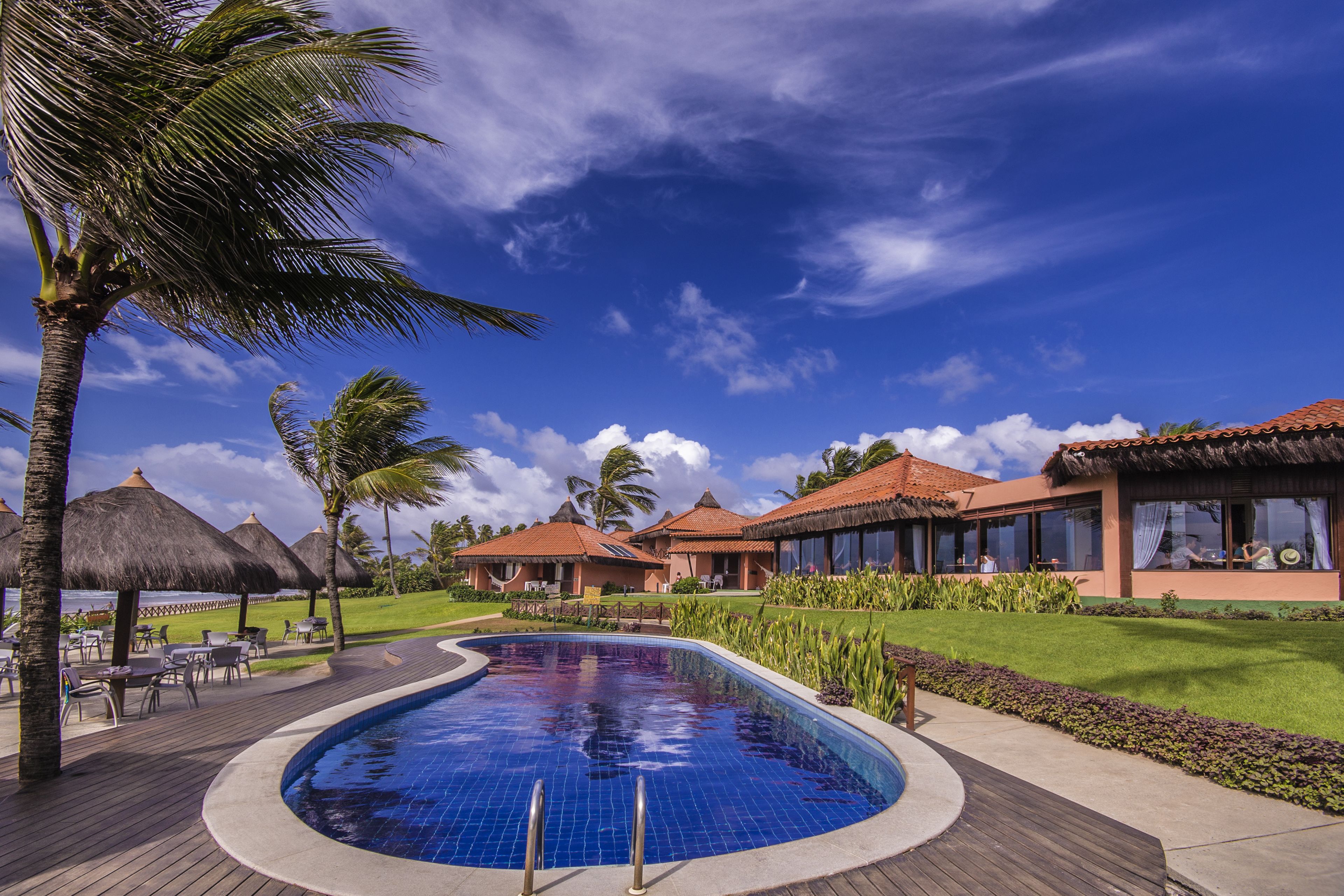 outdoor pool, pool umbrellas, pool loungers