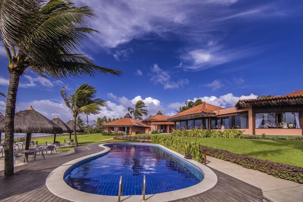 Outdoor pool, pool umbrellas, pool loungers