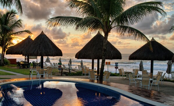 Outdoor pool, pool umbrellas, pool loungers