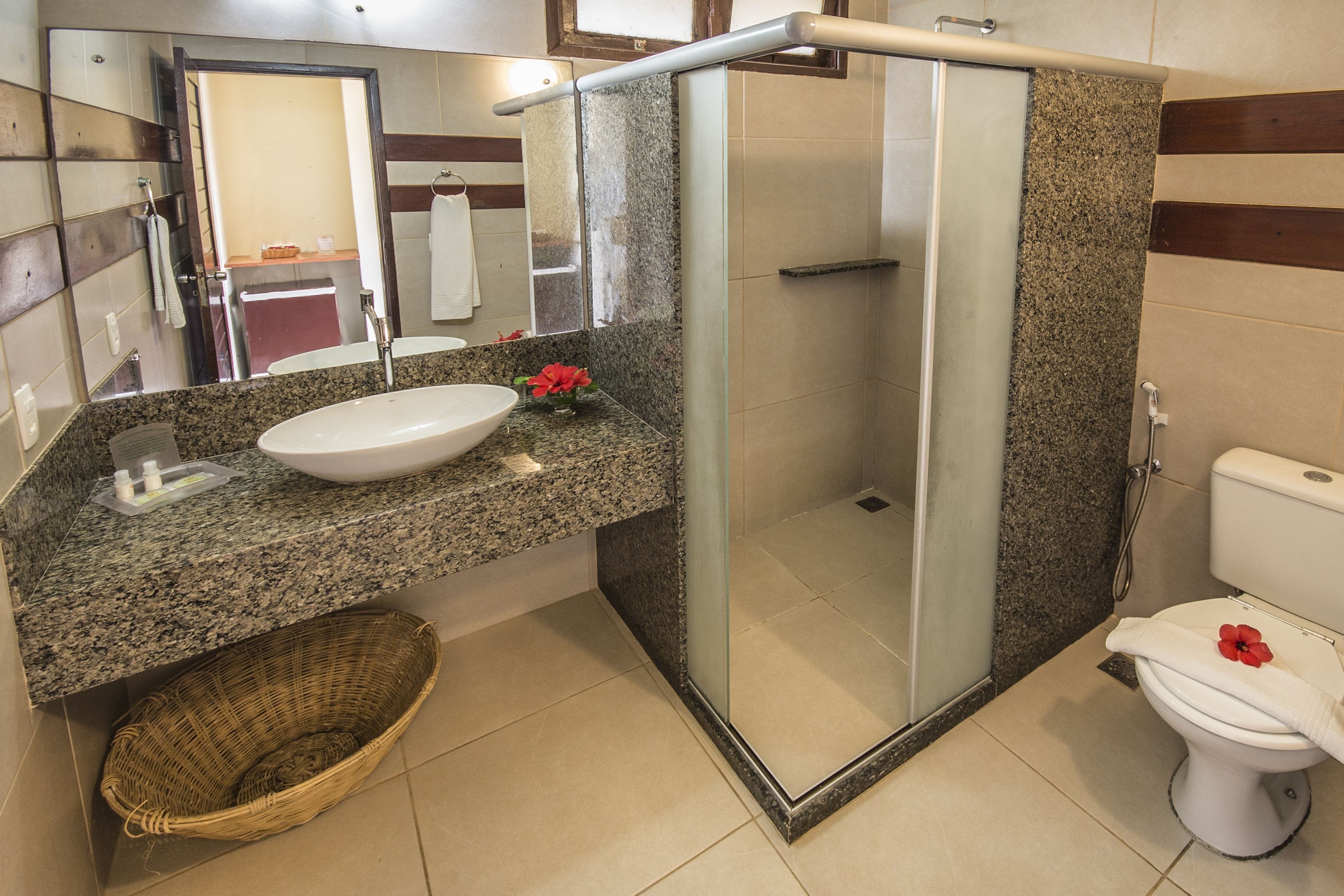 shower, free toiletries, hair dryer, towels