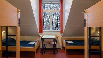 Een studentenkamer met stapelbedden, een bureau en een raam met uitzicht op bomen.