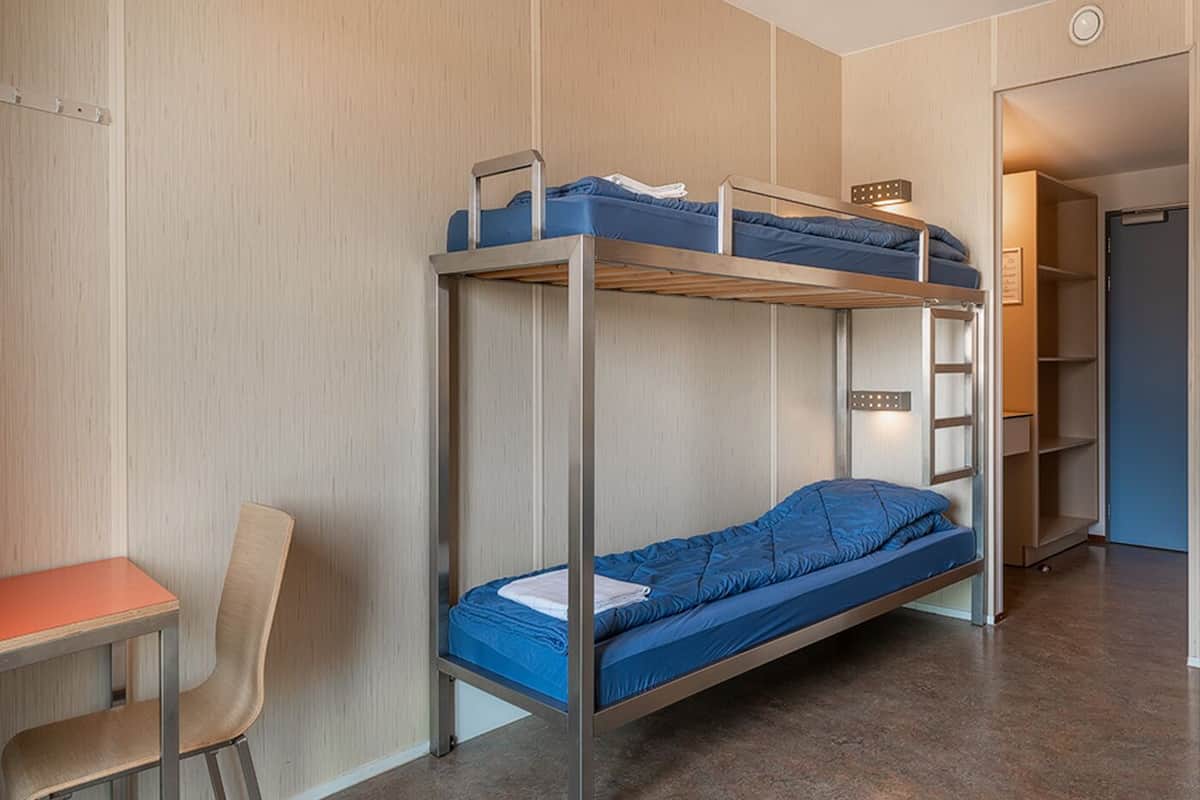 A bunk bed with a desk and chair, a ladder, and a shelving unit in a room with wooden walls.