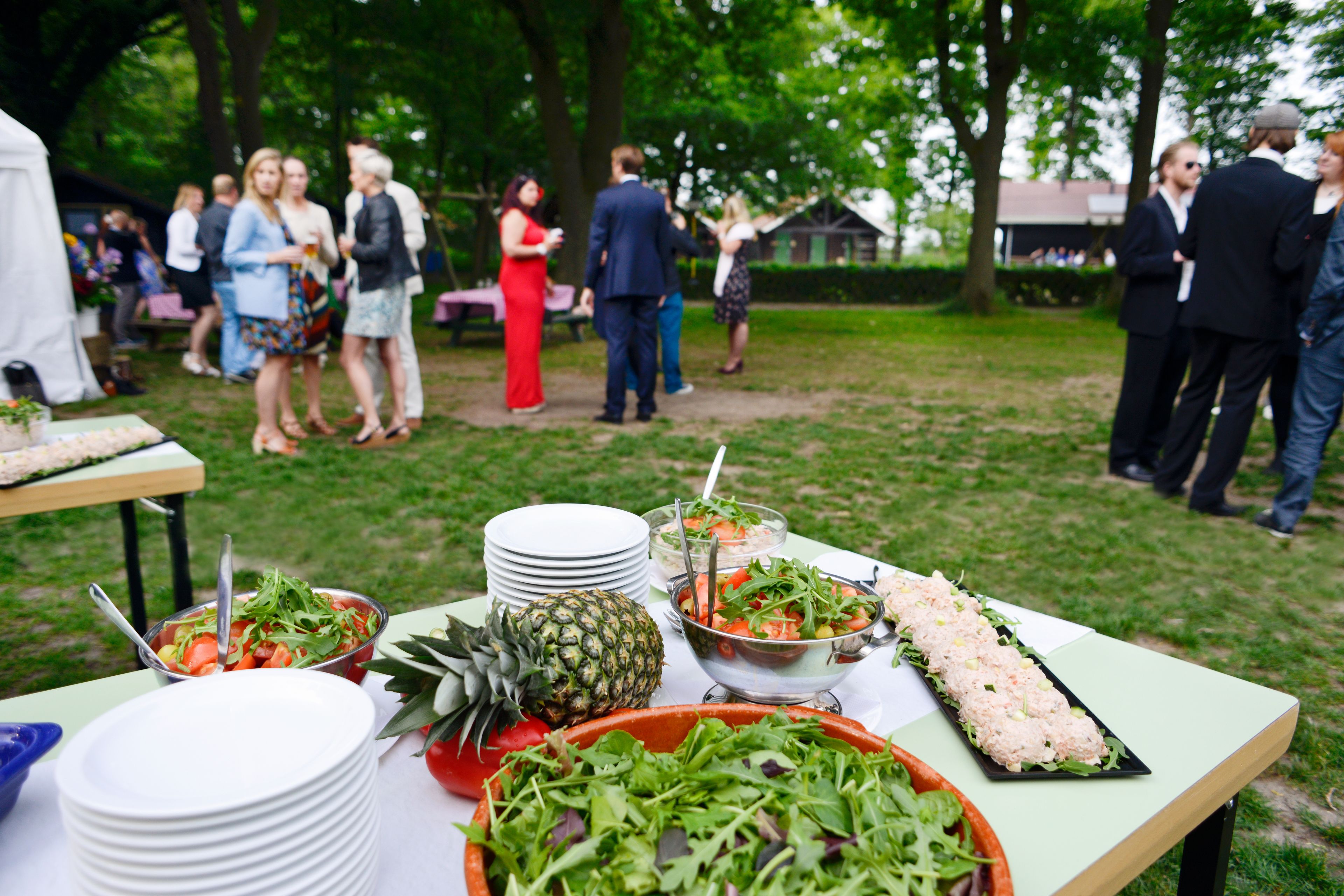 Een buffet met diverse gerechten en een ananas.