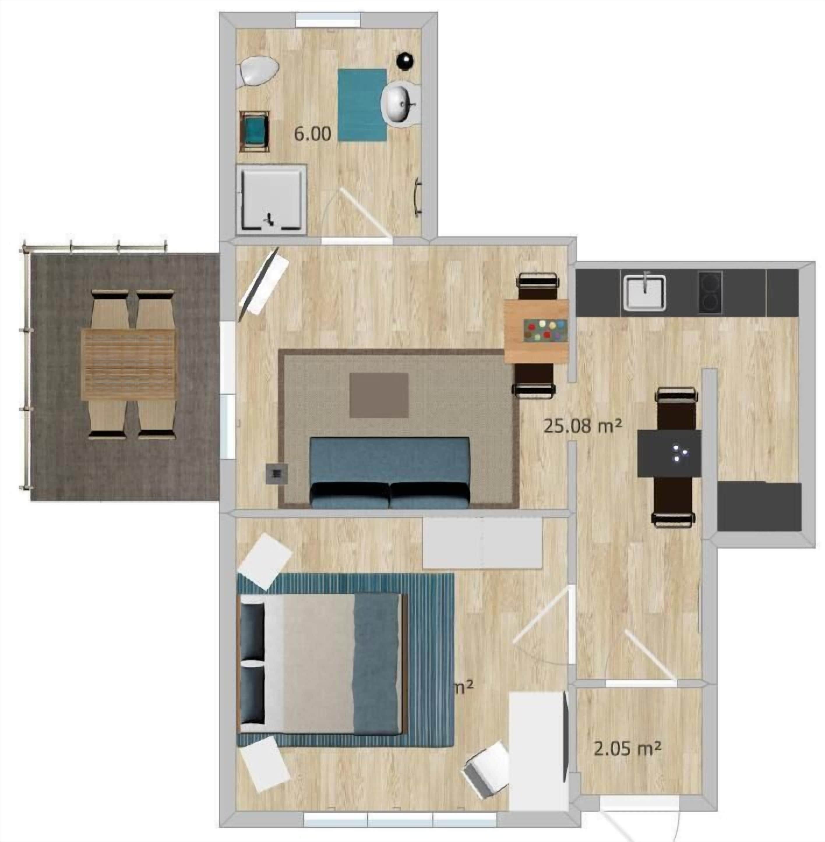 A floor plan of a hotel room with a bed, a desk, a chair, a small bathroom, and a kitchenette.
