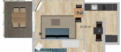 A floor plan of a hotel room with a bed, a desk, a chair, a small bathroom, and a kitchenette.