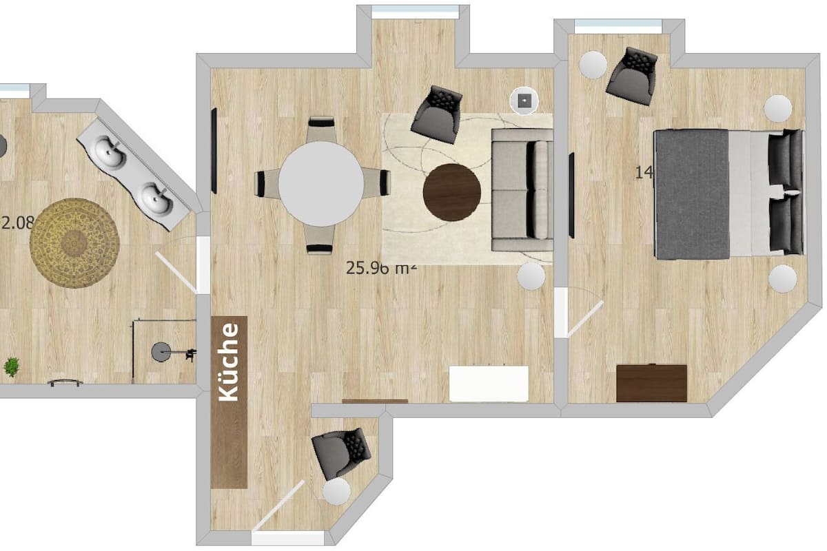 A floor plan of a hotel room with a kitchenette, a dining area, a living room, and a bathroom.