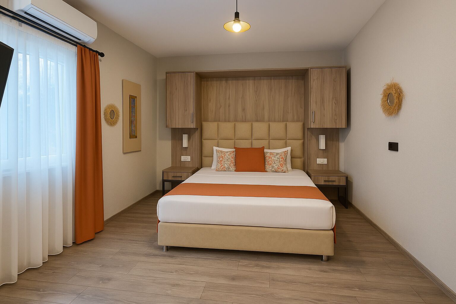 Habitación de hotel con una cama grande, cabecero de madera, dos mesitas de noche y una lámpara en el techo.