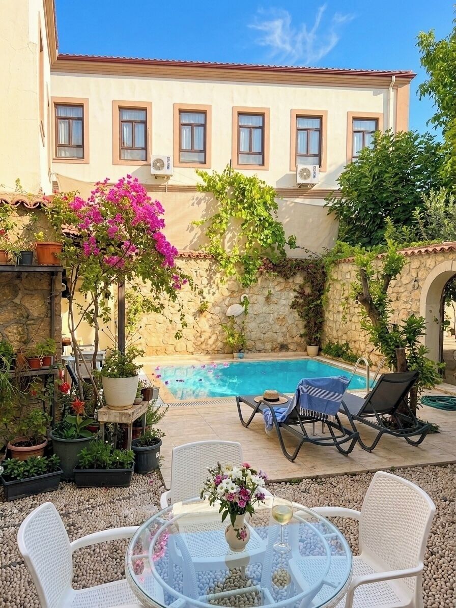 A pool area with lounge chairs, a table with chairs, and potted plants.
