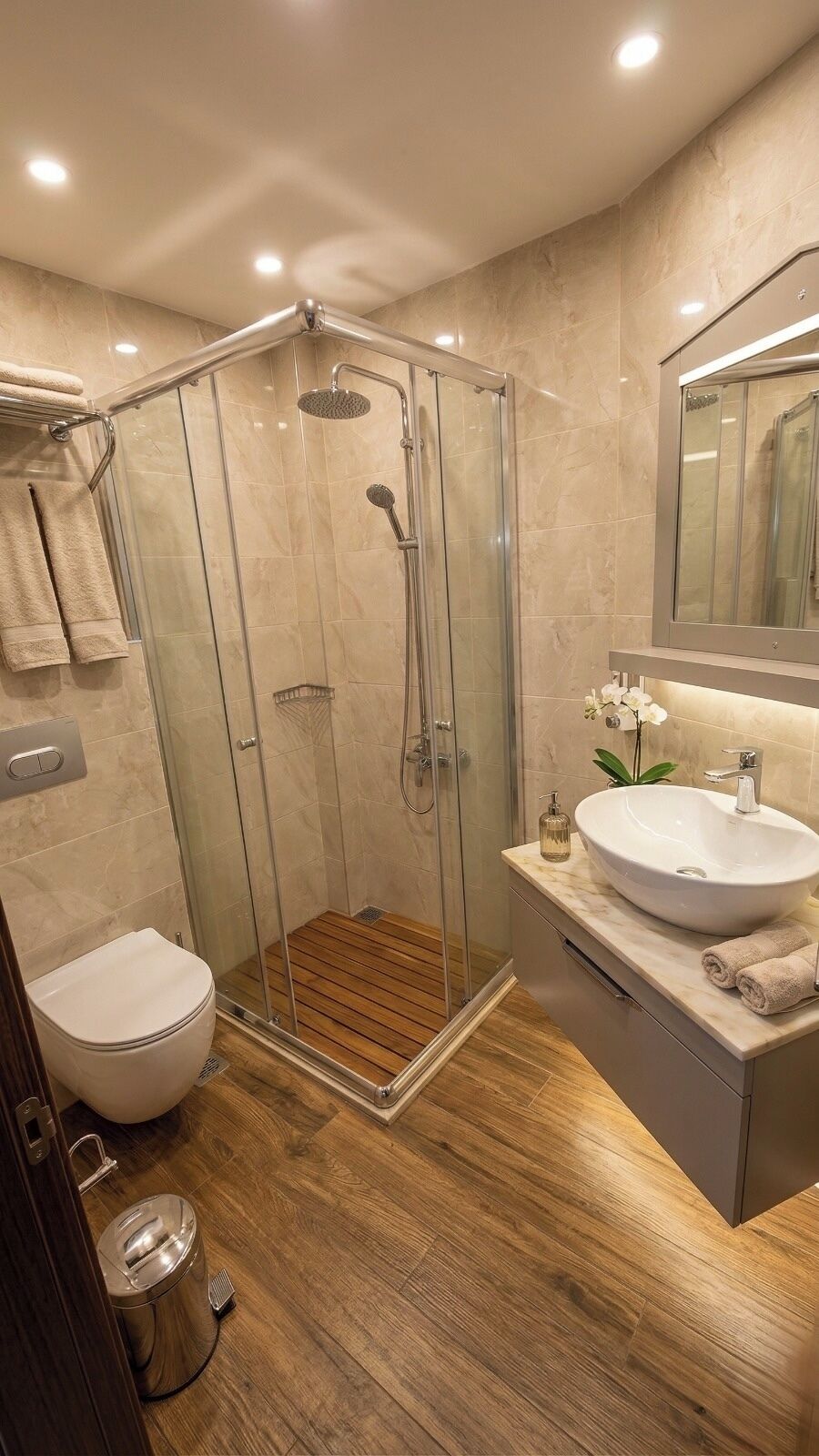 A modern bathroom with a glass-enclosed shower, a white sink, and a wooden floor.